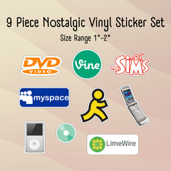 Nostalgic Vinyl Sticker 9 Piece Set: AOL, Myspace, etc. Great for Laptops.