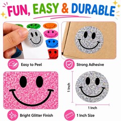 1000 PCS Glitter Smiley Face Stickers for Kids – 1 Inch Round Holographic Happy