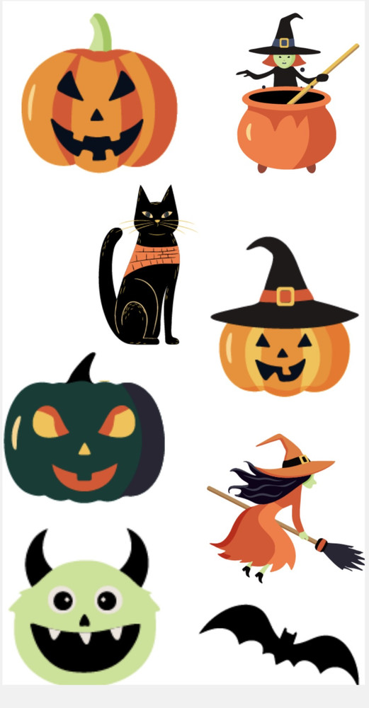 Halloween Pumpkin Vinyl Sticker Sheet Jack O Lantern Witch Bat Black Cat Decals