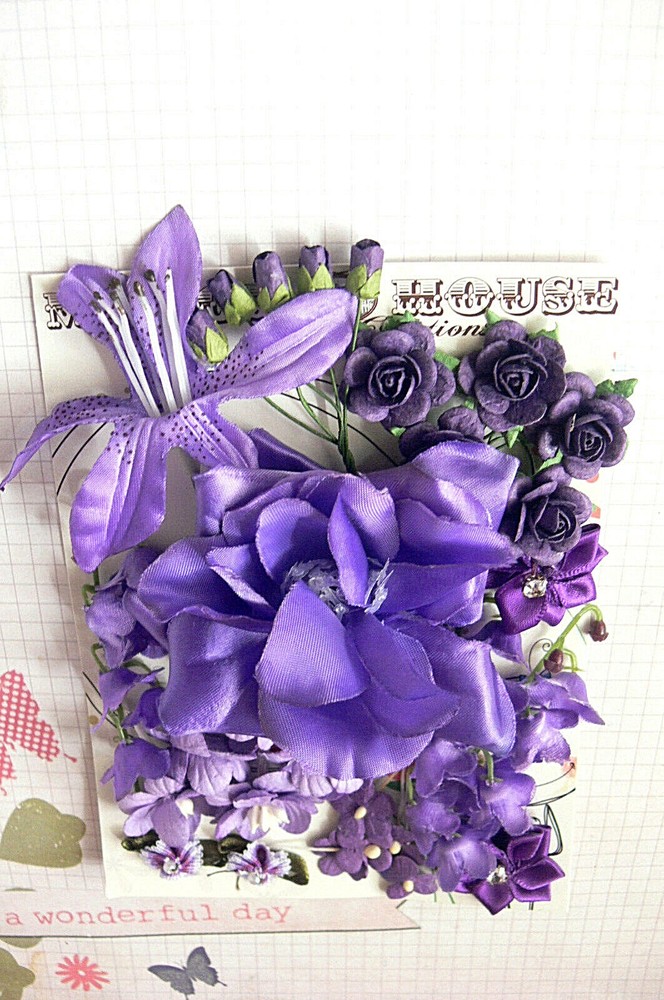 Dark PURPLE Mix – 28 Flowers 9 Styles 4 Tones PAPER & FABRIC Approx 10-75mm HH4