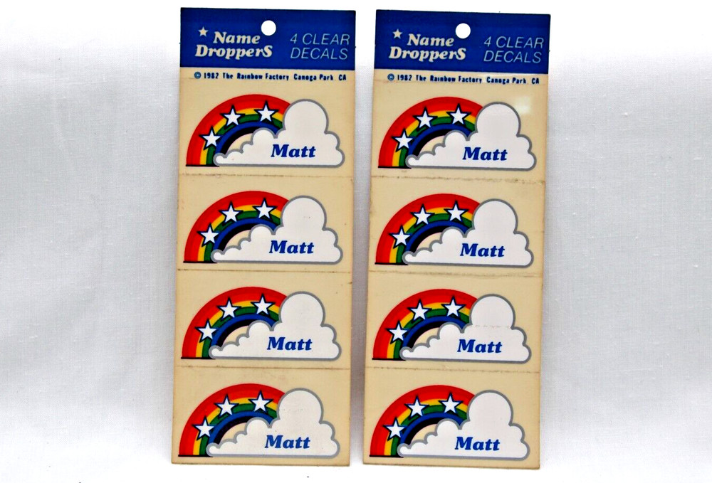 VTG 1982 MATT Name DropperS Stickers NOS Rainbows Stars Clouds – 8 clear decals