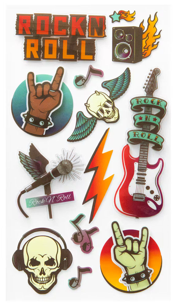Rock Roll Skull Flames Guitar Microphone Group Band Music Recollections Stickers