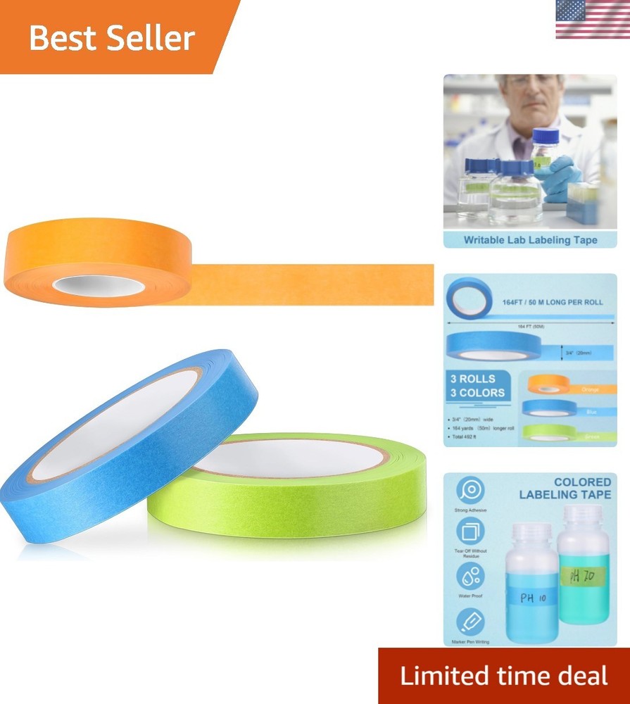 3 Rolls Colorful Laboratory Labeling Tape – 164ft Long x 3/4in, Waterproof Magic