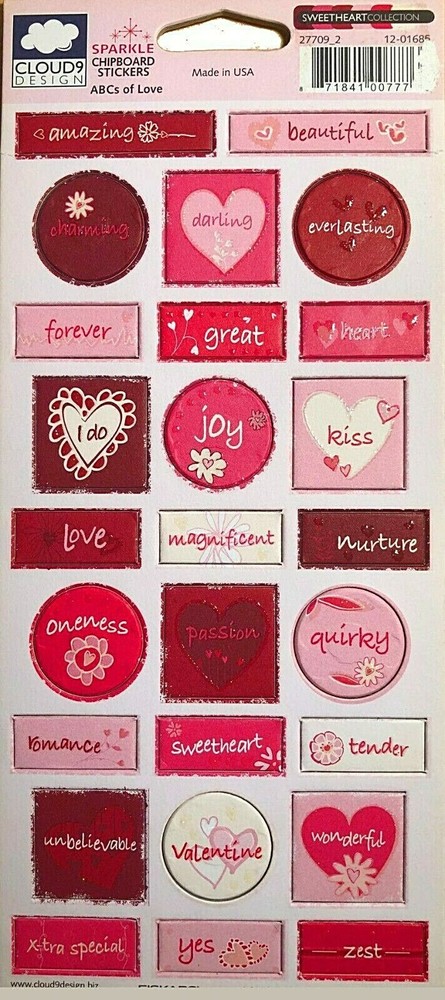 CLOUD9 DESIGN SPARKLE CHIPBOARD STICKERS ABCs of LOVE SWEETHEART VALENTINE’S DAY