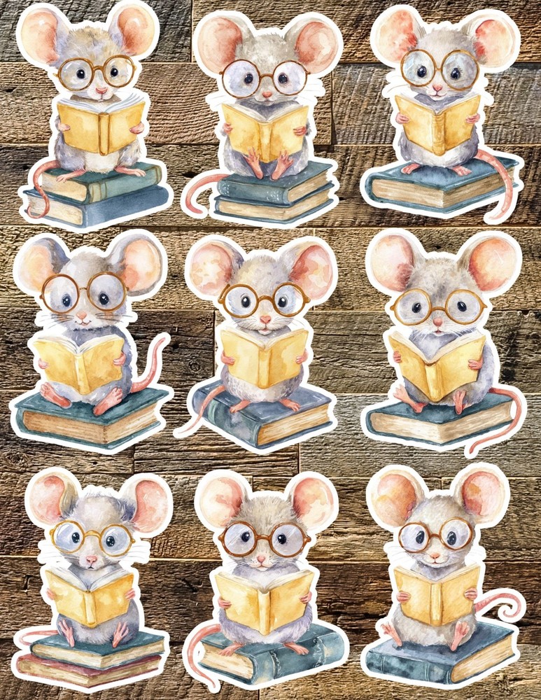 Mouse Reading Book Die Cut Vinyl Stickers Set Scrapbooking Laptop Waterbottle