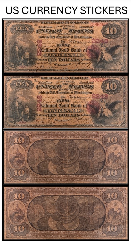 $10 Ten Dollar National Gold Bank Note Original Series (US CURRENCY STICKERS)