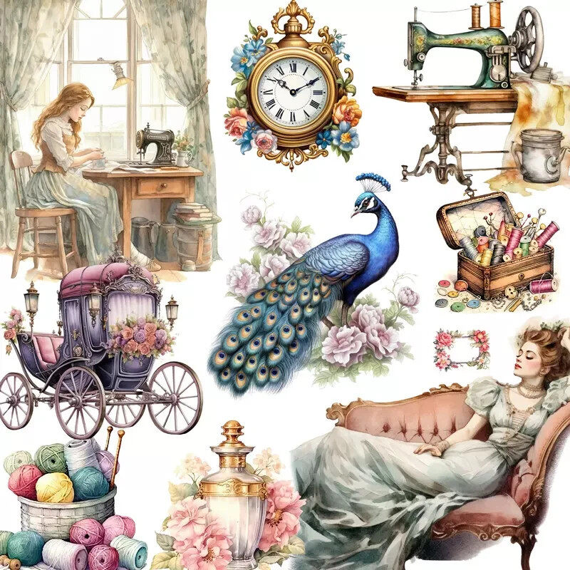 Vintage Tailoring Sewing Machine Thread Buttons Scrapbooking Stickers Craft