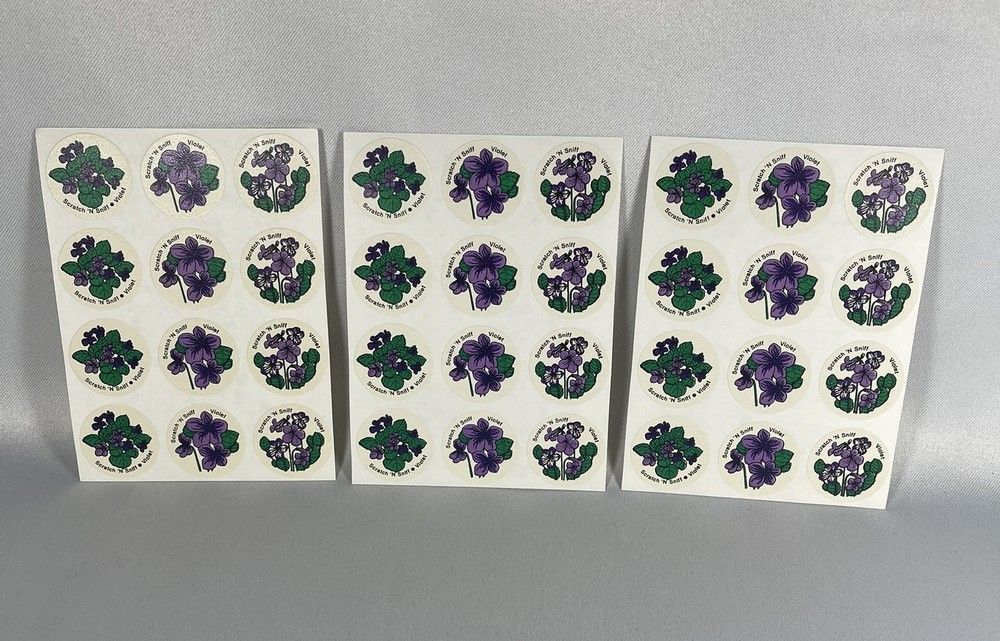 VINTAGE ORIGINAL 1982 CTP VIOLET SCRATCH ‘N SNIFF STICKERS – 3 FULL SHEETS MATTE