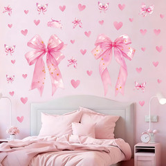 Large Pink Bow Wall Decals – 6 Sheets 64 Pcs Bow Knot Wall Stickers Heart Bow Pe