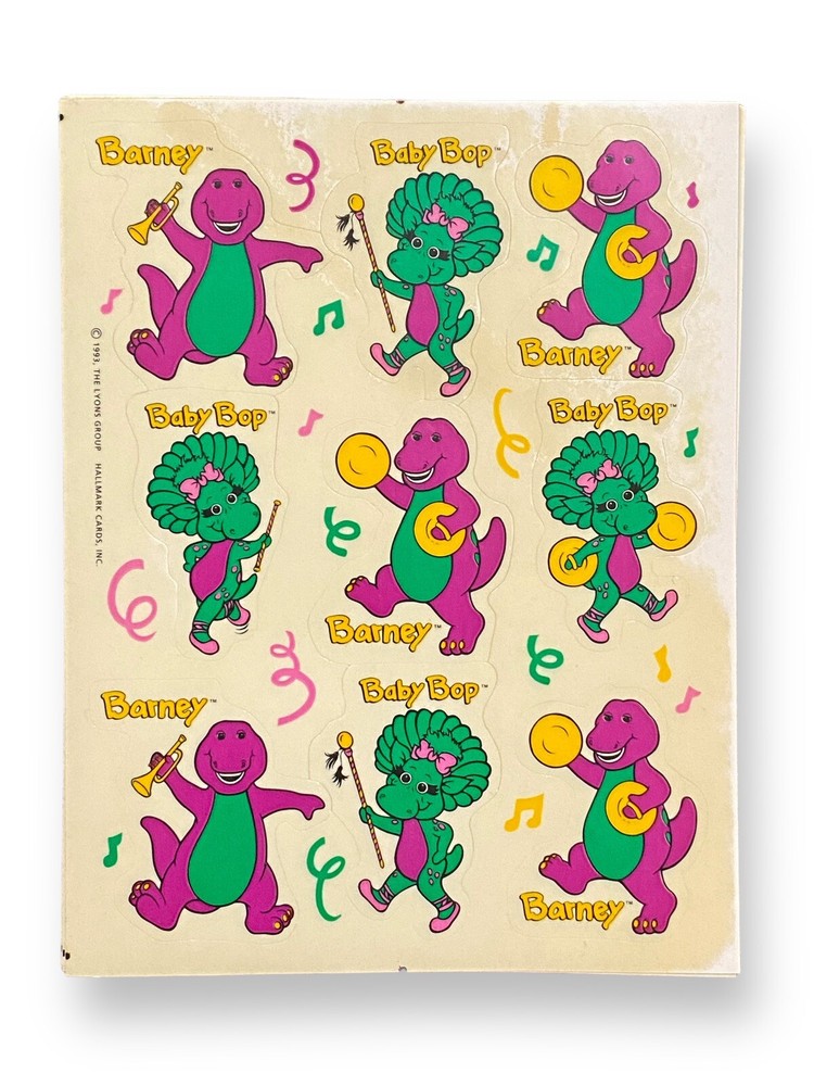 Vintage Sticker Sheet Hallmark 1993 Barney Baby Bop Purple Dinosaur Band