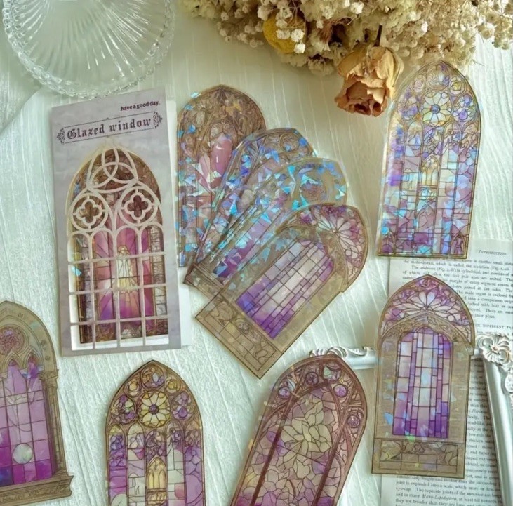 10PC XL P.E.T. Stained Glass Church Window Stickers- Scrapbook, DIY Crafts