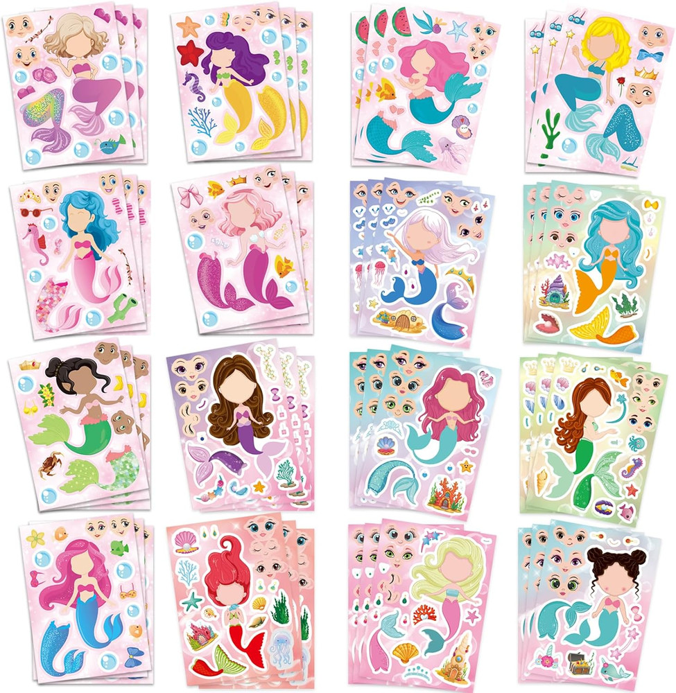 48PCS Mermaid Stickers for Kids, Make-A-Face Stickers for Crafts & Activities