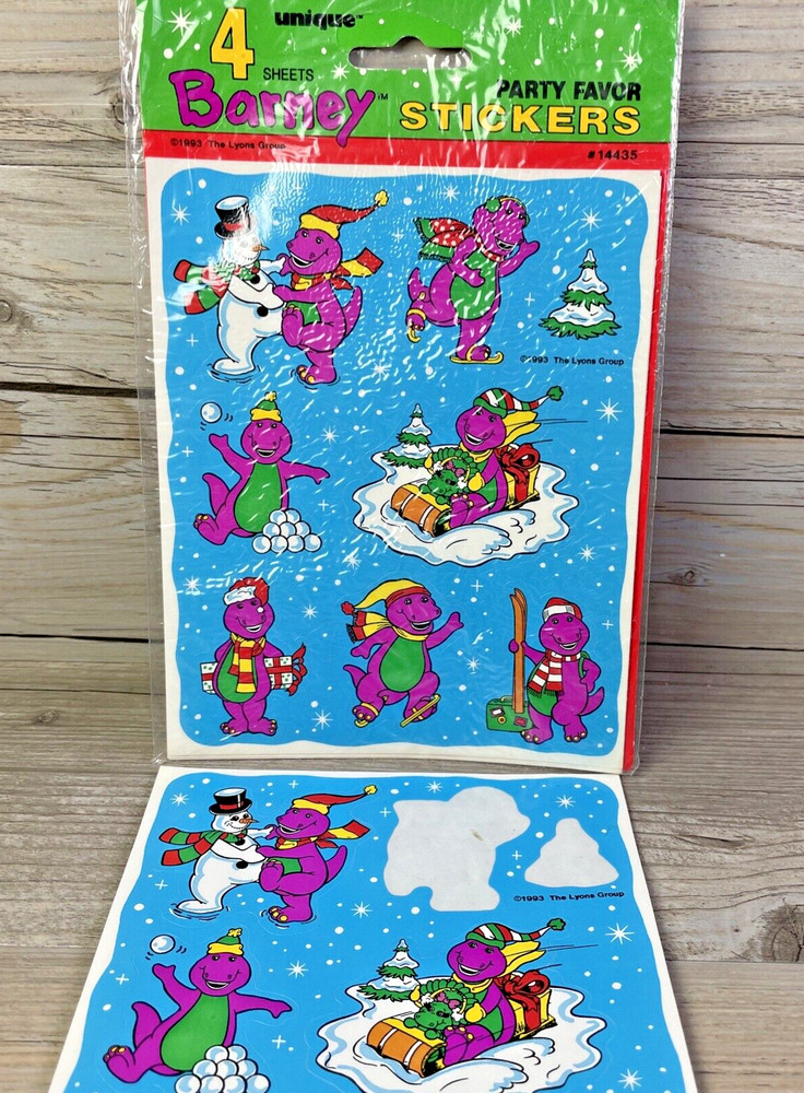 Barney Purple Dinosaur VTG Unique Brand Stickers 4 Sheets 1993 USA Made Sealed