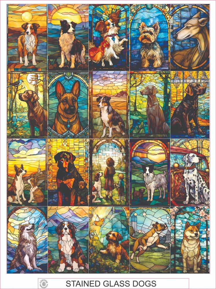 STAINED GLASS DOGS – COMPLETE SHEET OF 20 STICKERS