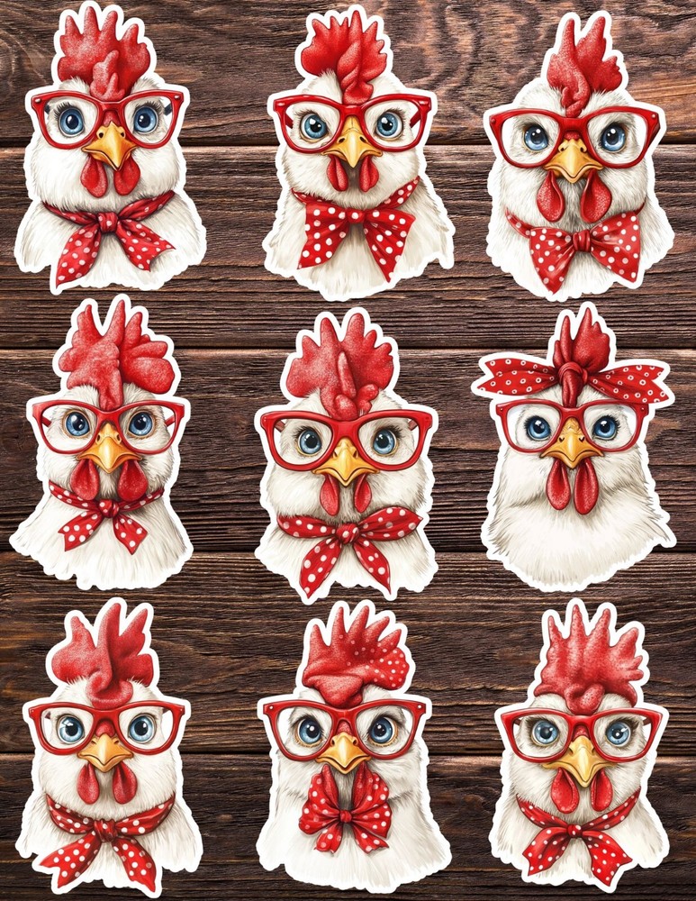 Chicken Red Glasses Die Cut Vinyl Stickers Set Scrapbooking Laptop Waterbottle