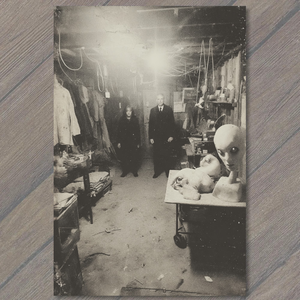 STICKER Men In Black Standing In Creepy Basement With Alien Heads Horror