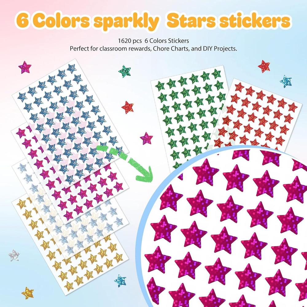 1,620 Holographic Glitter Star Stickers 0.6″, 6 Colors Self-Adhesive Mini Sti…