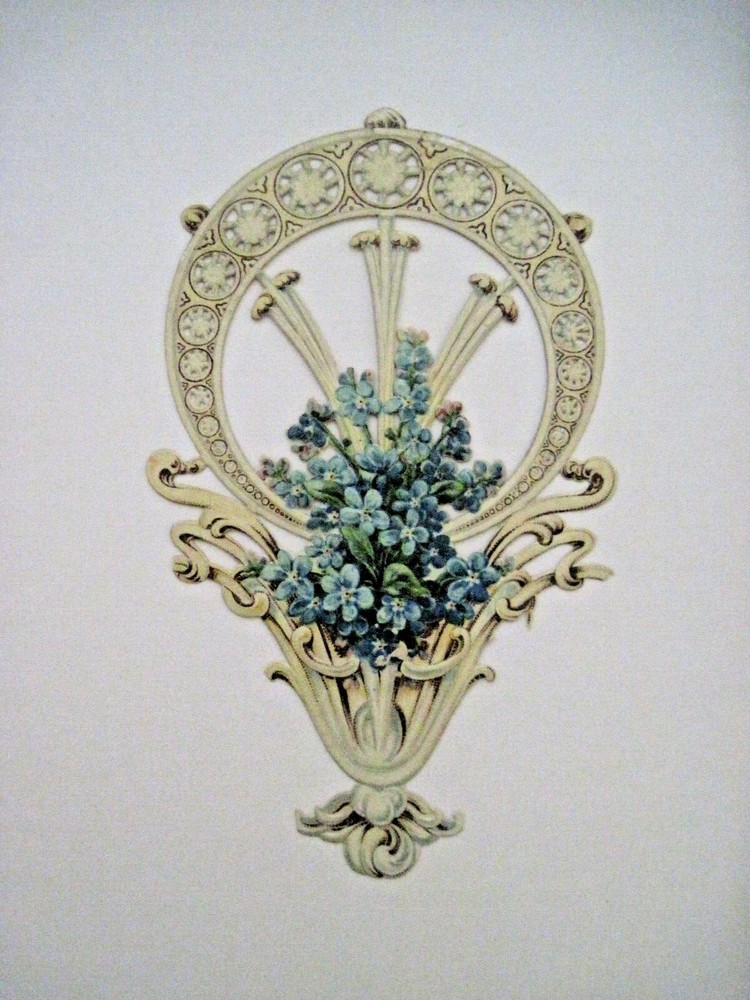 Very Lovely Vintage Die Cut of Blue Flowers in Elaborate Embossed Vase *