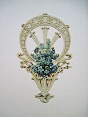 Very Lovely Vintage Die Cut of Blue Flowers in Elaborate Embossed Vase *