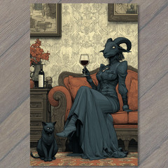 STICKER Goat Woman Wine Gothic Black Cat Red Couch Creepy Portrait Decor