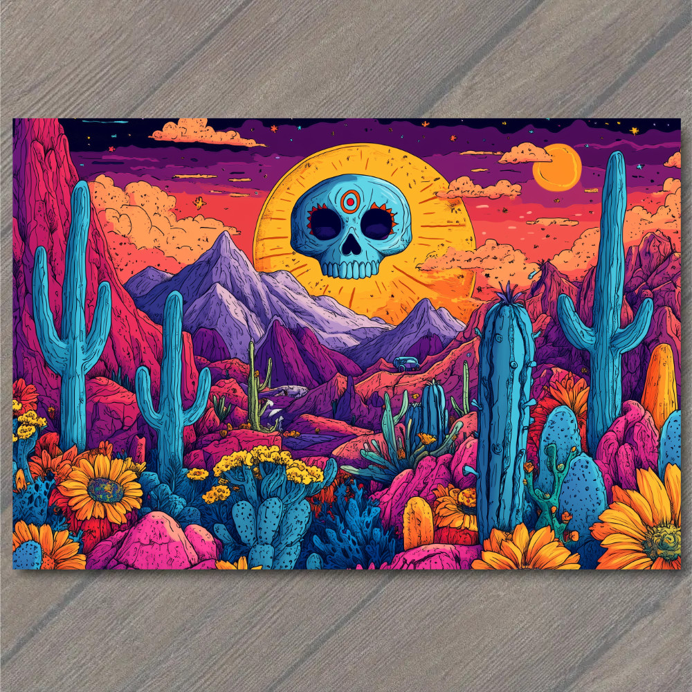 STICKER Sunset Desert Skull Surreal Eye Cactus Vibrant Purple Orange Glow