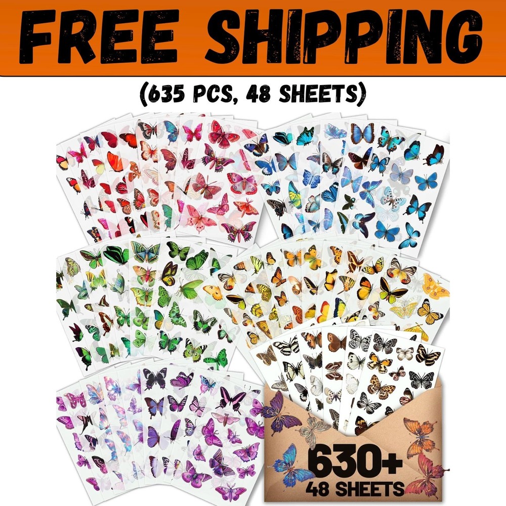 Butterfly Stickers(635 Pcs, 48 Sheets), Flower Stickers for Scrapbooking, Journa