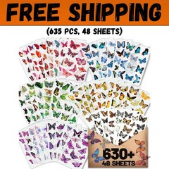 Butterfly Stickers(635 Pcs, 48 Sheets), Flower Stickers for Scrapbooking, Journa