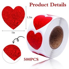 500 Pack Valentines Glitter Red Heart Stickers Roll Heart Decorative Labels for