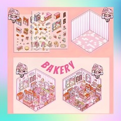 4 (3D) 5.5 x 4.9 Isometric Scene Rooms. Store, Library, Diner, and Bakery.