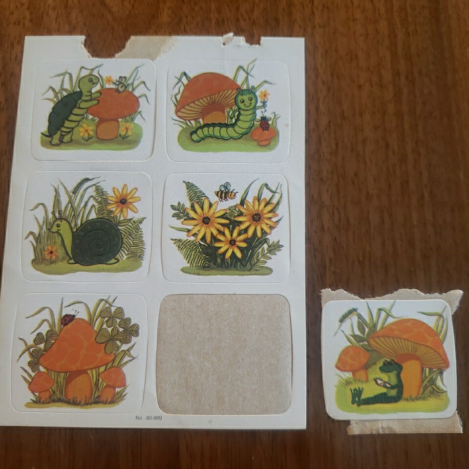 Vintage 70s-80s Stickers Scrapbook Mushroom Snail Turtle Bees