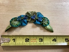 2 Vintage Ribbonwork Flowers Yellow, Blue & Green Silk Satin Stamens