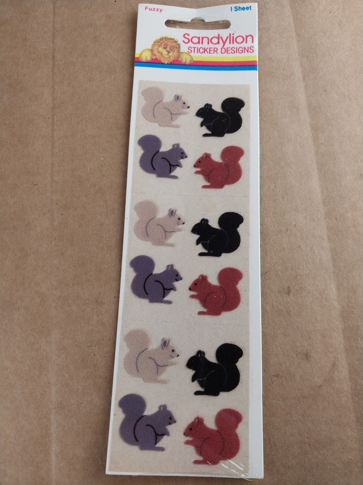 Vintage 1980s Sandylion Fuzzy Squirrel Stickers Brown Backing 1 Sheet