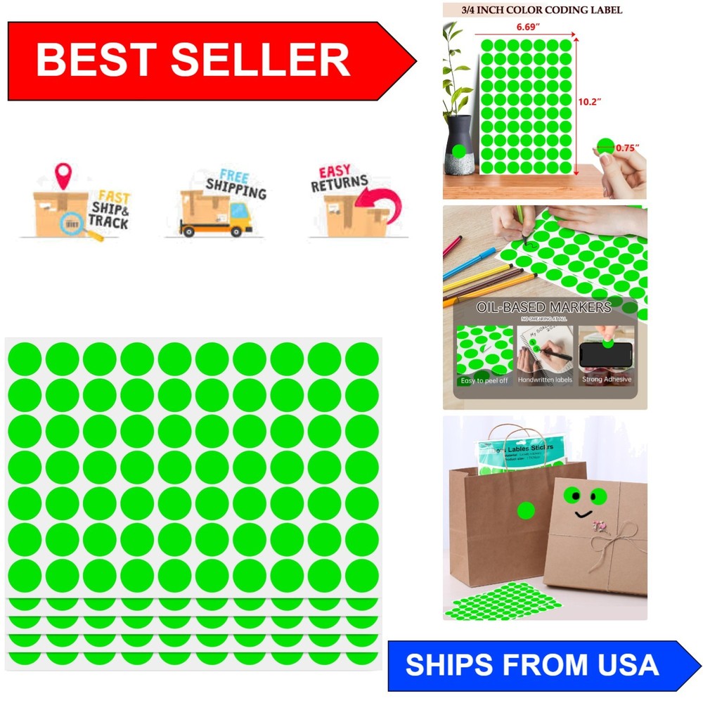 1050 Pack of 3/4 Inch Fluorescent Green Coding Circle Stickers for Easy Organ…