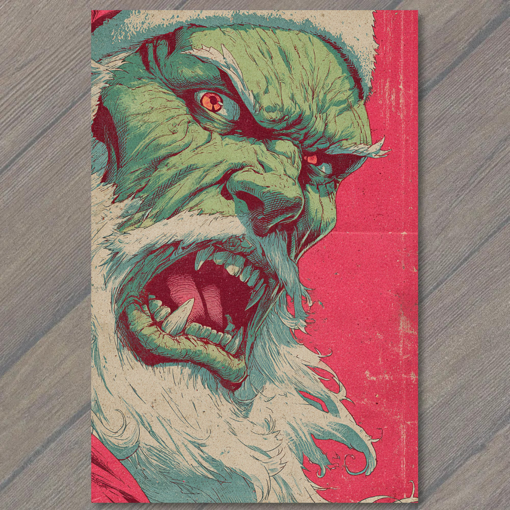 STICKER Angry Green Santa Monster Christmas Retro Horror Comic Red Background