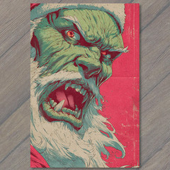 STICKER Angry Green Santa Monster Christmas Retro Horror Comic Red Background