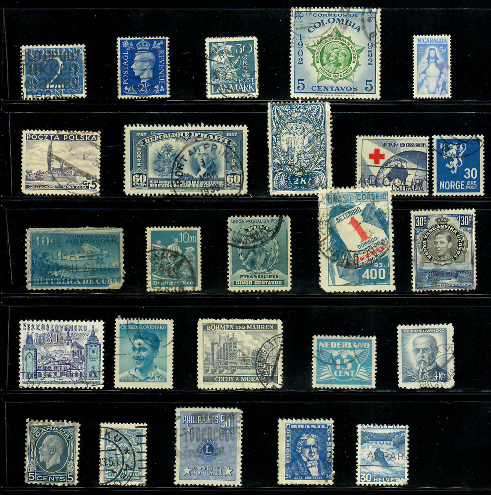 25 Blue Teal Slate Worldwide Used Stamps Color Lot — Crafts Art (WM254)