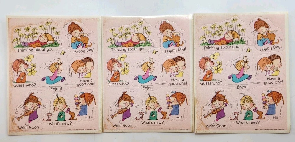 1987 Vintage Hallmark Stickers Marty Links Pink Background Captions 3 Sheets 80s