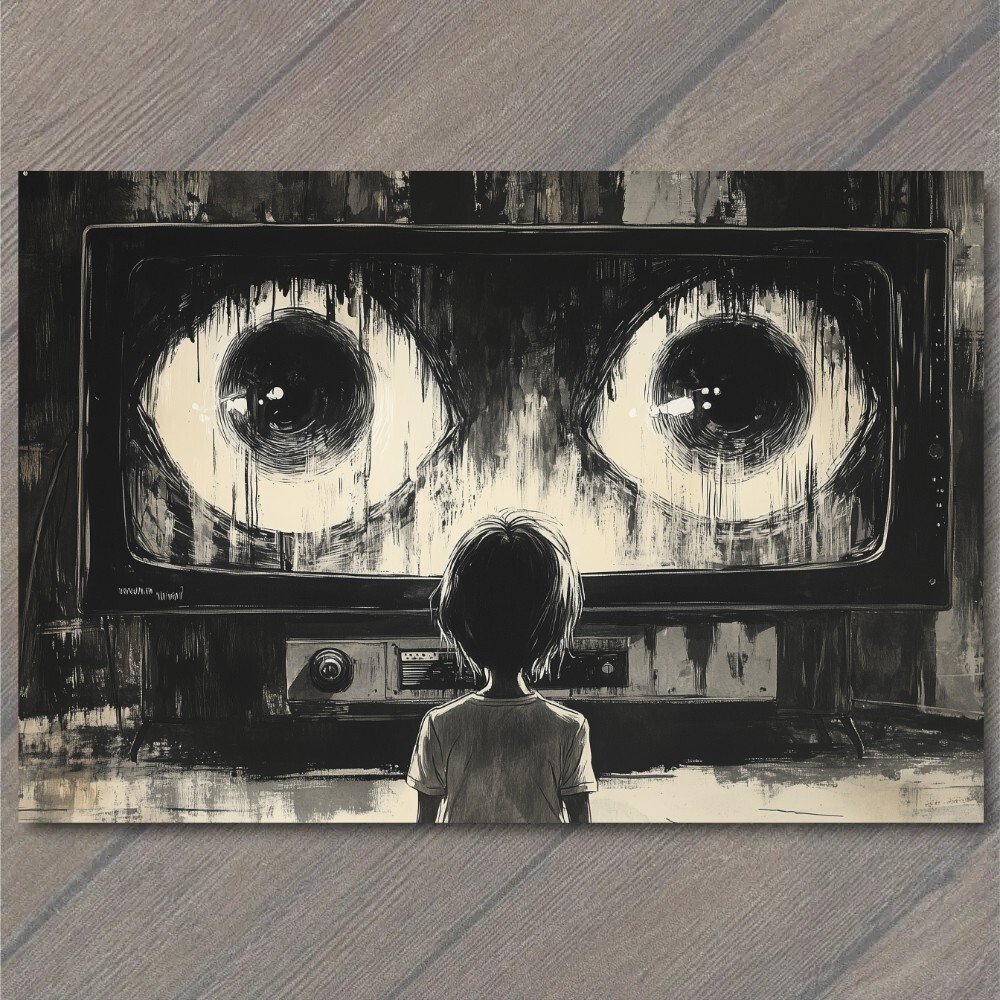 STICKER Girl Staring TV Set Haunted Eyes Look Child Black Horror Creepy Weird