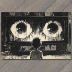 STICKER Girl Staring TV Set Haunted Eyes Look Child Black Horror Creepy Weird