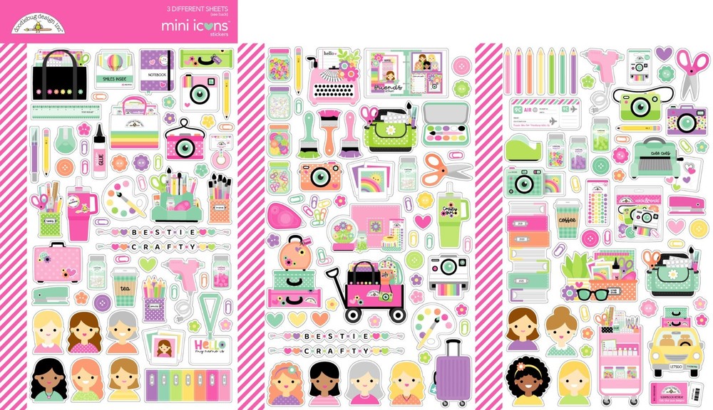 Doodlebug Mini Icon Stickers Color Me Crafty Tools Cameras Girl Friends Retreat