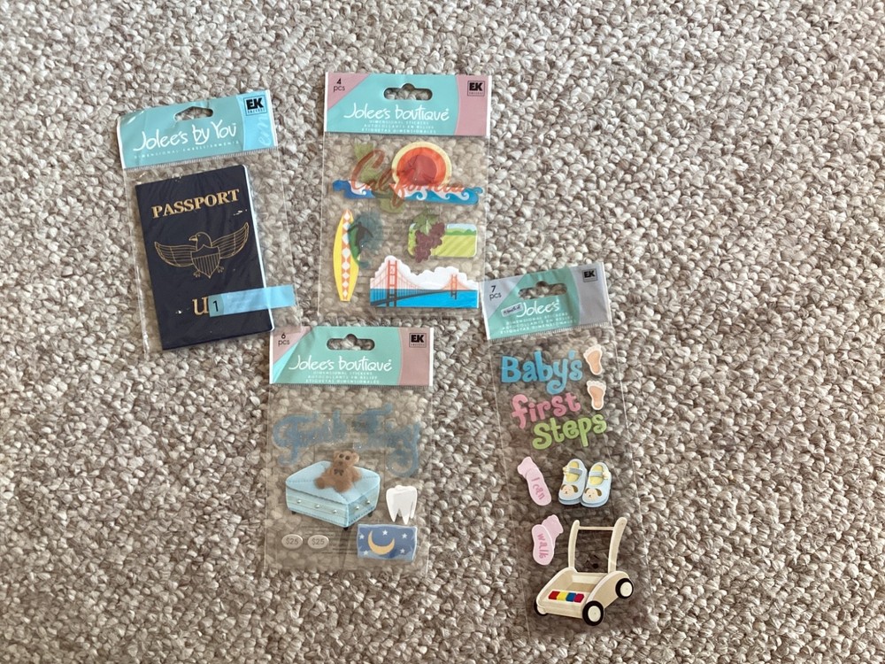 Jolee’s Asst. Scrapbook Embellishments-Passport, Baby, Tooth Fairy, California
