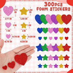 300 PCS Foam Stickers, Colorful Heart Stickers Glitter Star Heart Stickers, Self