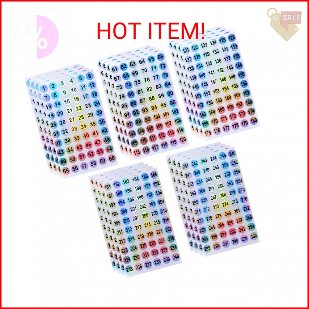 Mini Skater 20 Sheets 1 to 300 Consecutive Laser Number Stickers Round Self Adhe
