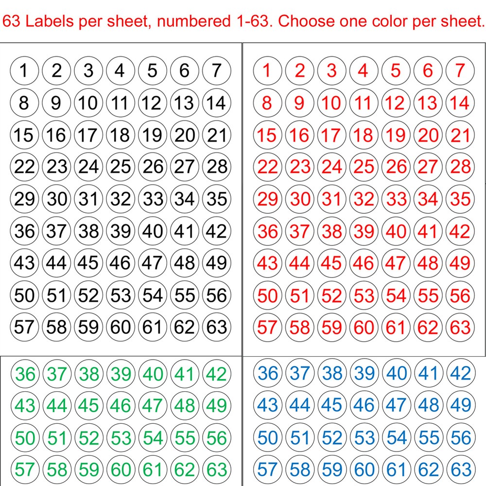 Consecutive Number Stickers 1-63 or 64-126 Sequential 1″ Round Circle Labels