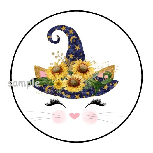 30 HALLOWEEN CAT FACE ENVELOPE SEALS LABELS STICKERS 1.5″ ROUND WITCH SUNFLOWERS