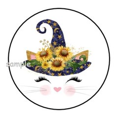 30 HALLOWEEN CAT FACE ENVELOPE SEALS LABELS STICKERS 1.5″ ROUND WITCH SUNFLOWERS