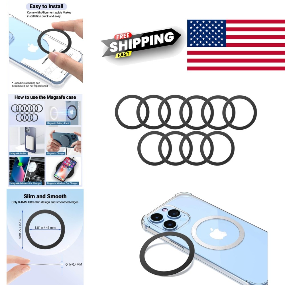 Black Magsafe Ring Stickers 10 Pieces Metal for Wireless Charging Compatibility