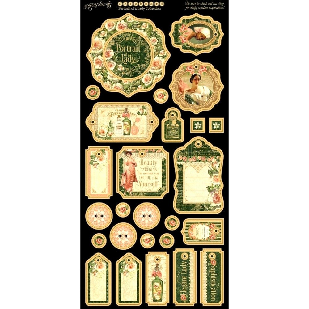 Graphic 45 Portrait of a Lady 6 x 12 Chipboard Journaling Tags Buttons Accents