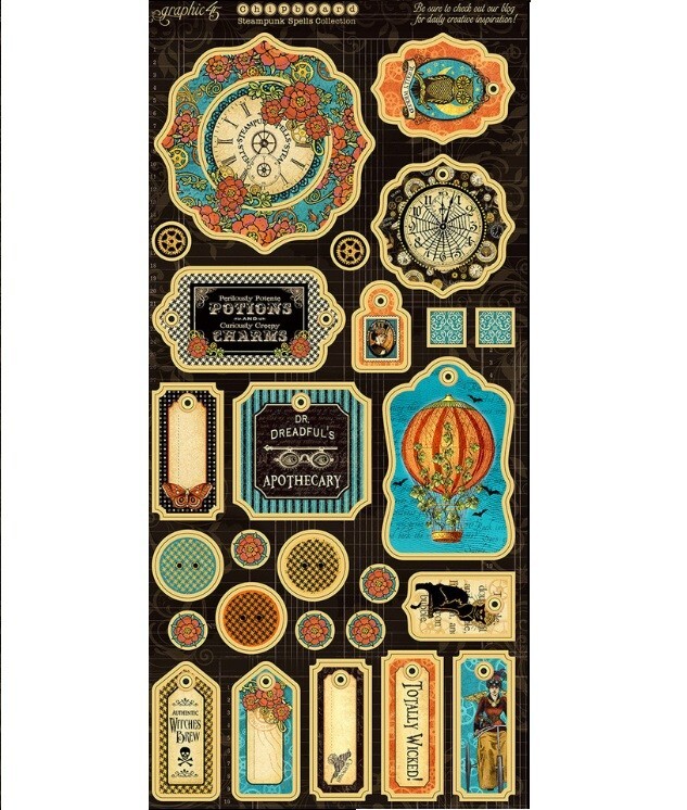 Graphic 45 STEAMPUNK SPELLS Chipboard Tags Motif Icons Mixed Media