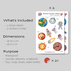 Planets Stickers (x21), Waterproof Sticker Sheets (x2), Earth Moon Rocket Space